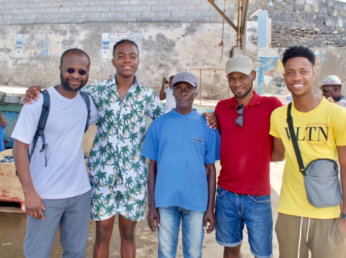 Left to right: Mare Sarr (SIA and AESEDA, Penn State); Miguel Maquina (Penn State student); Eufémio Miranda Pereira (fisherman, Santa Cruz, Santiago); Mateus Andrade (Faculty of Science and Technology, UniCV); and Edson Moreno (UniCV, electrical engineering student).