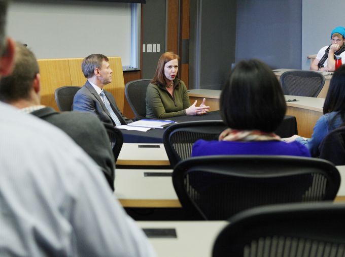 Kimberly Dozier talks with students