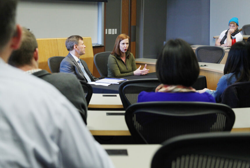 Kimberly Dozier talks with students